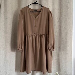 Tan Long Sleeve V-Neck Knee Length Dress with Faux Buttons size XL